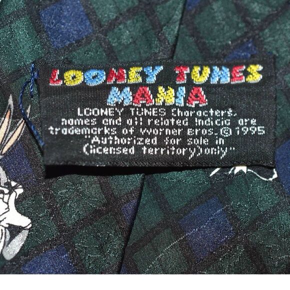 Vintage 1995 Looney Tunes Green/Blue Plaid The Pose Characters Tie - Picture 5 of 5